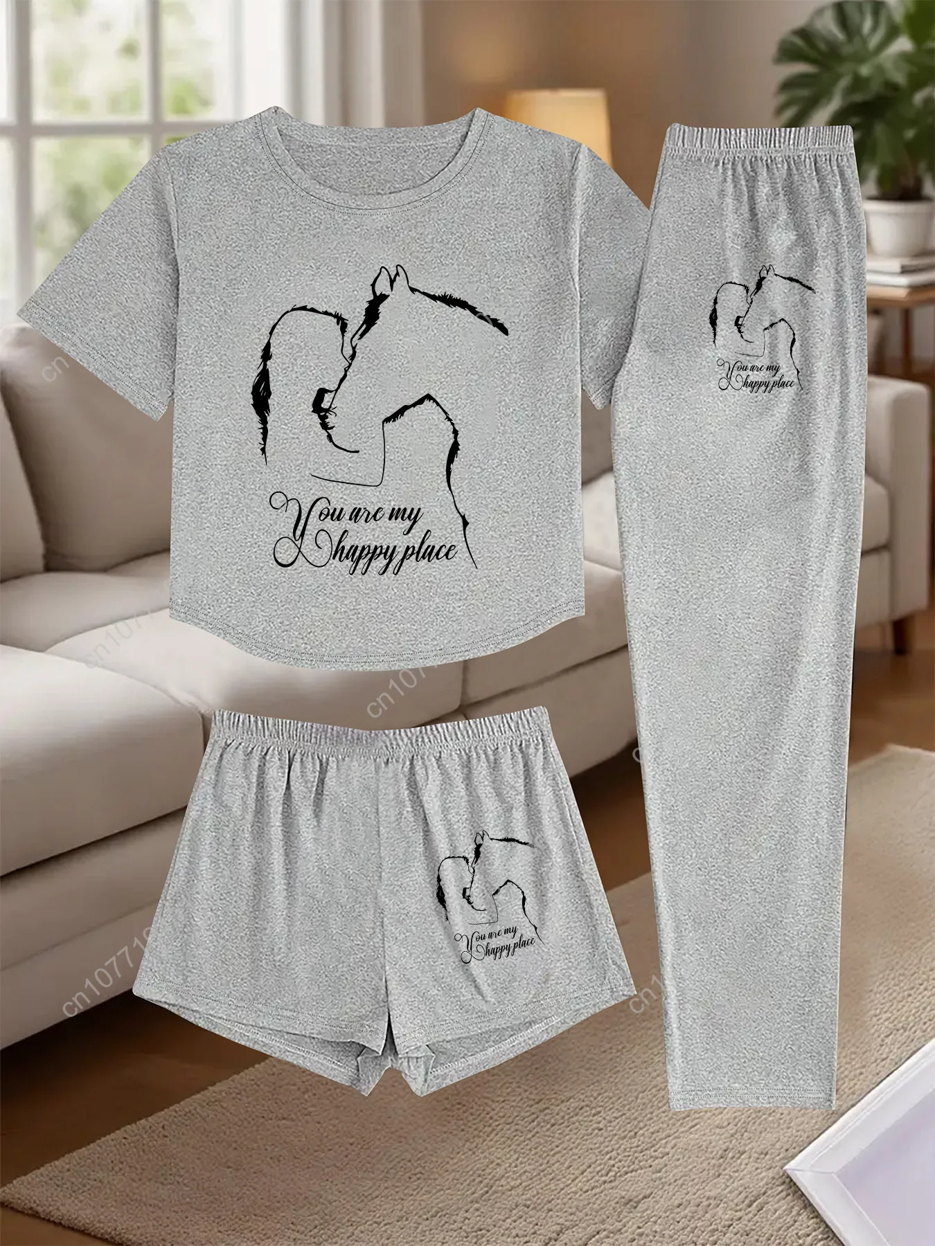 Женский пижамный комплект весны/лета из 3 предметов, пижамы с принтом лошади и всадника, одинаковые шорты, шорты и футболка, мягкий дышащий сон