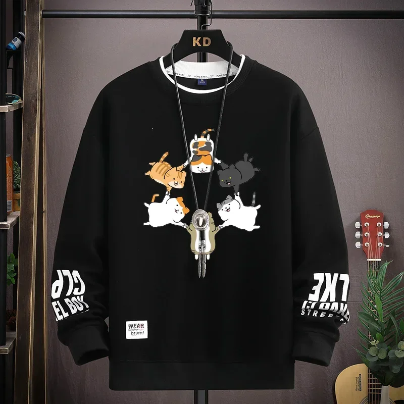 Japão dos desenhos animados moletom masculino hoodies outono gatos impresso manga longa camiseta moda roupas masculinas cáqui o pescoço harajuku topo