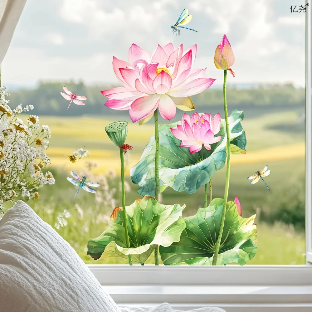 1pc Watercolor Lotus & Dragonfly Wall Window Sticker, Self-Adhesive Sticker, Suitable for Windows, Doors, Bedroom, Living Room
