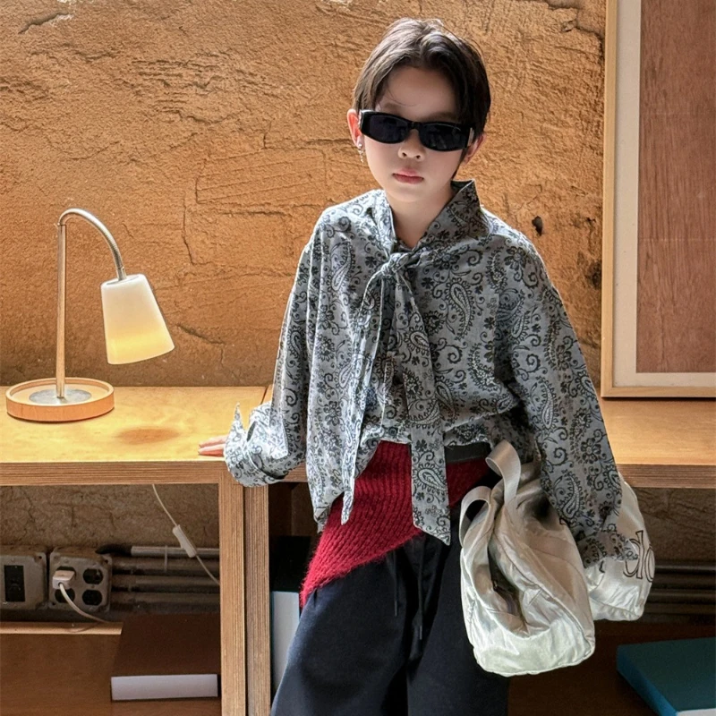 

Осень 2023, новая детская дизайнерская модная и красивая рубашка с длинными рукавами и принтом галстука