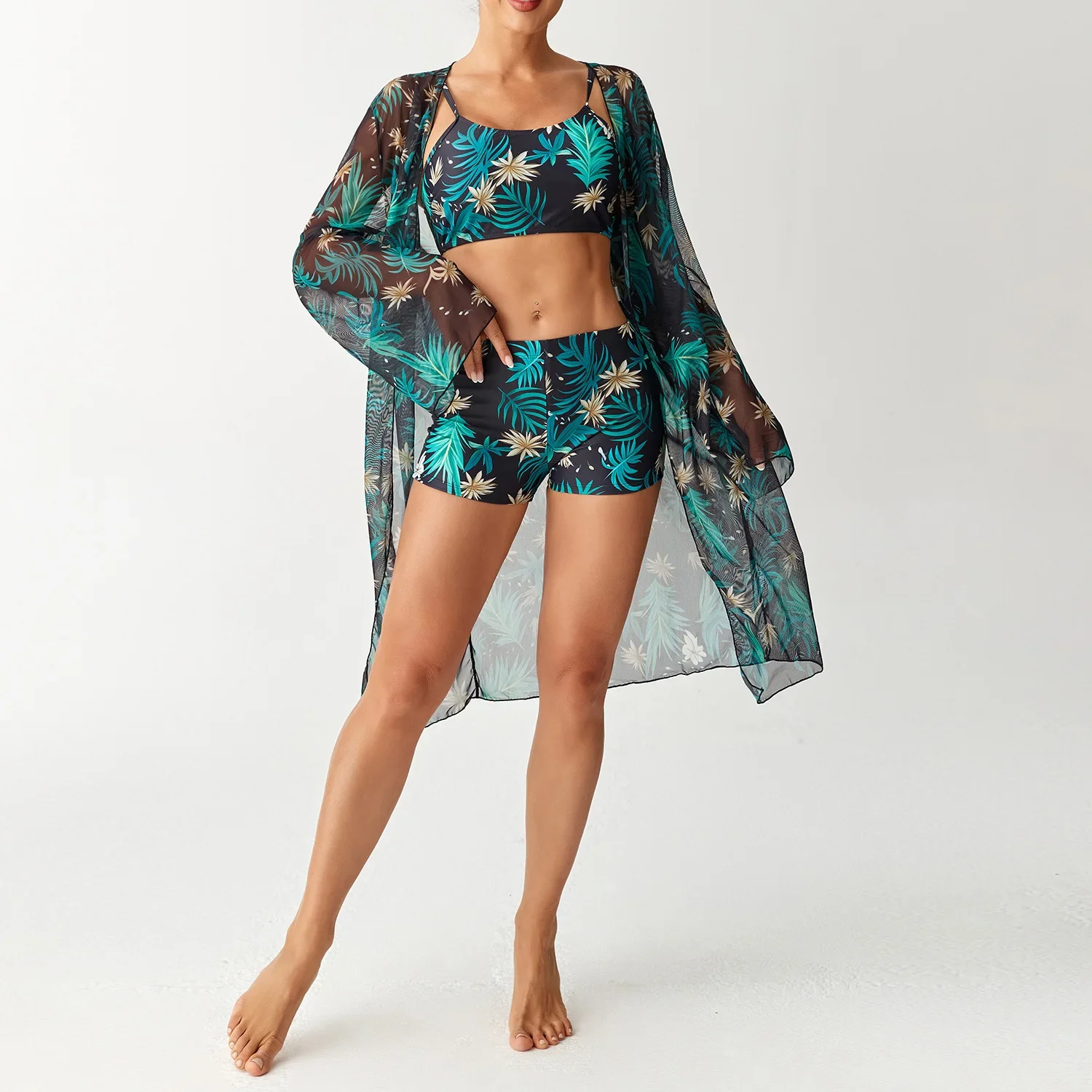 Bloemen hoog getailleerde bikini set cover-up badpak dames lange mouw drie stukken badmode strandkleding vrouwelijke badpakken shorts