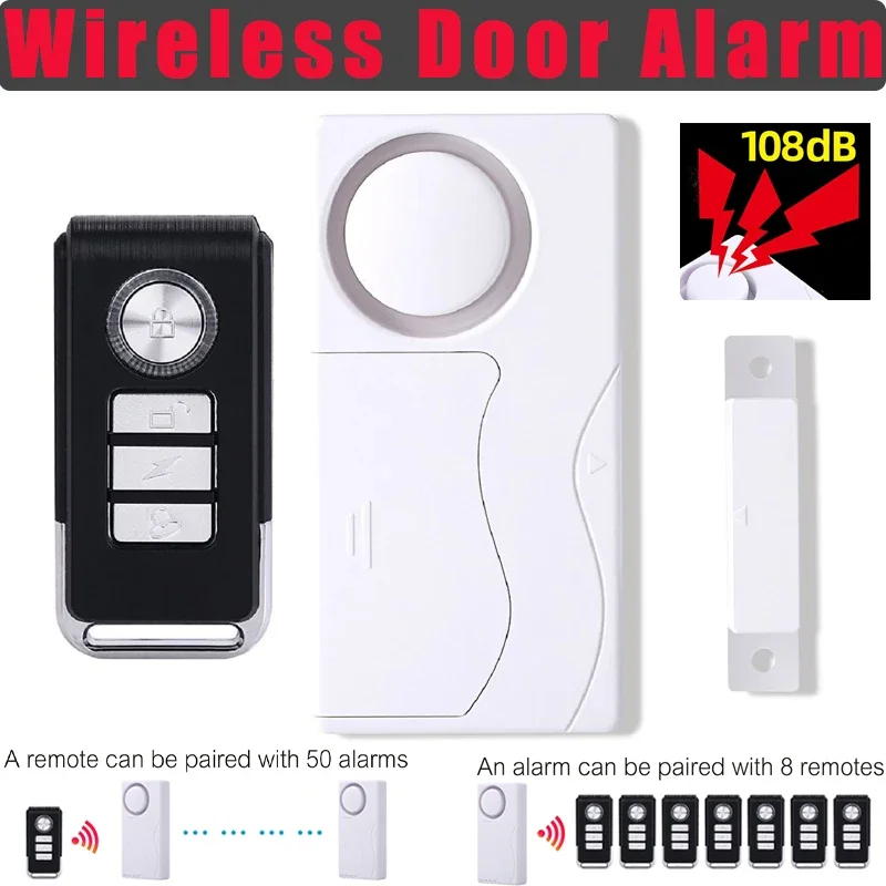 108dB Wireless Door Alarms with Remote Control Doorbell Open Alarm Security Delay Loud Magnetic Sensor Anti-Theft Window Alarm