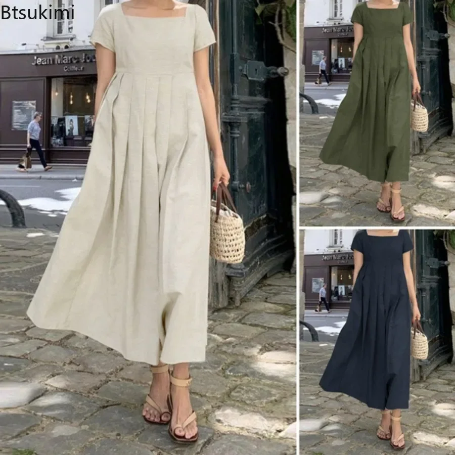 

2024 Women's Summer Square Neck Short Sleeve Beach Dress Solid Elegant Party Midi Sundress Kaftan Casual Solid Vestidos Female