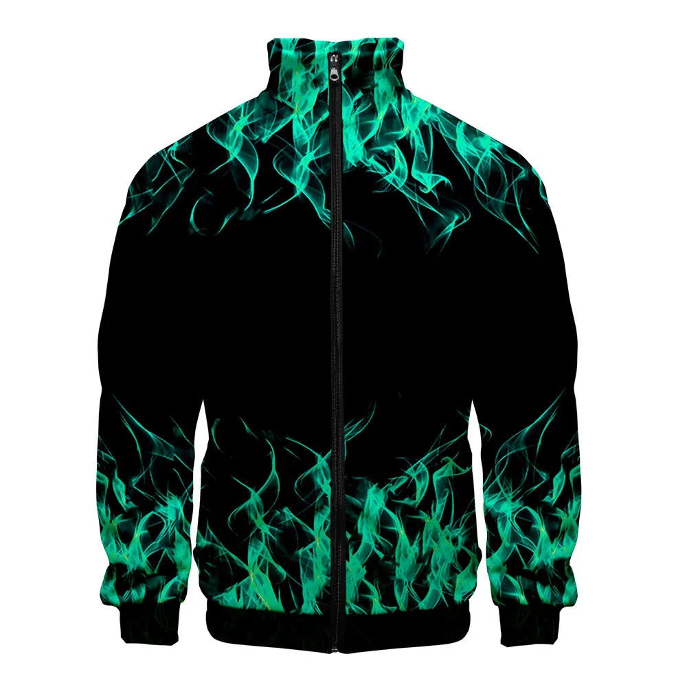 Blue Green Red Purple Flame 3D Printed Men's Jackets Harajuku Cardigan Stand Collar Zipper Baseball Jacket Outerwear Coats