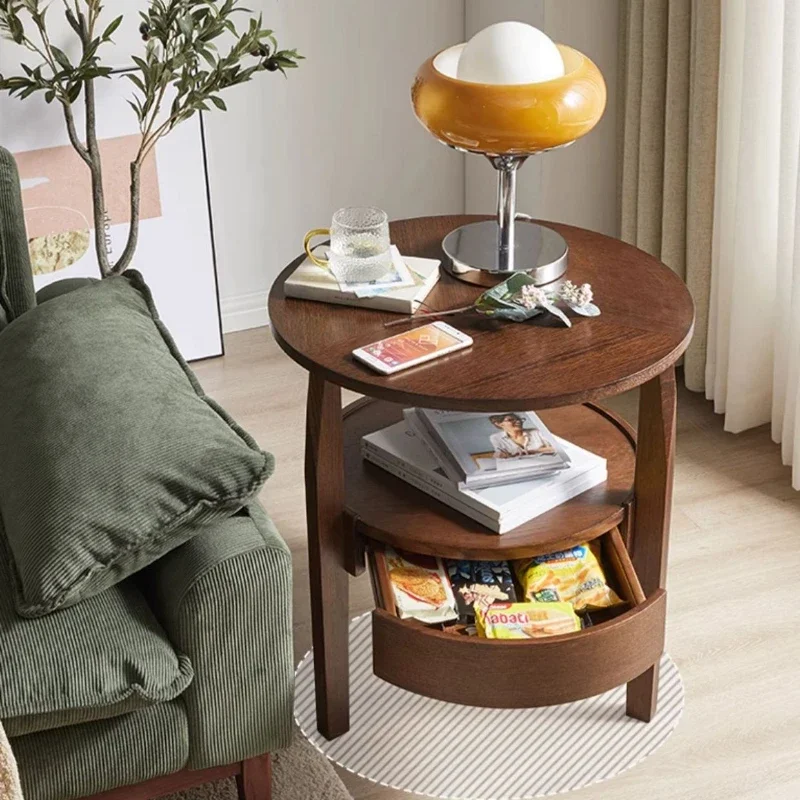 Rubberwood Sofa Side Table  Triangle-Supported Coffee Table  Dual-Layer Bedside Stand with Drawer for Storage & Decor
