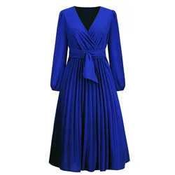 Women Wrap Dress Long Sleeve Wedding Guest Elegant Dress Casual V Neck Pleated Dress with Belt S-XXL A-Line Skirt