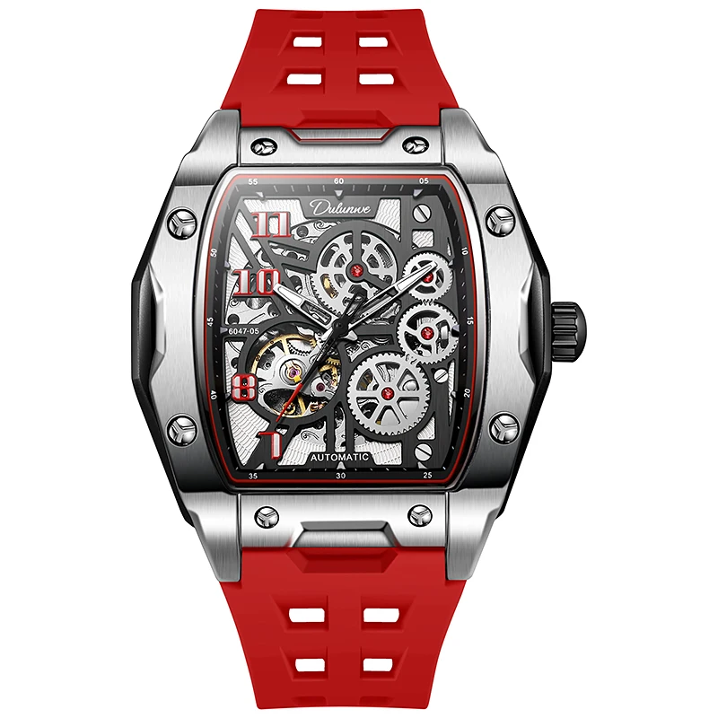 Dulunwe Classic Waterproof Luminous Mechanical Men's Watches Skeleton Automatic Men Watch Red Silicone Strap