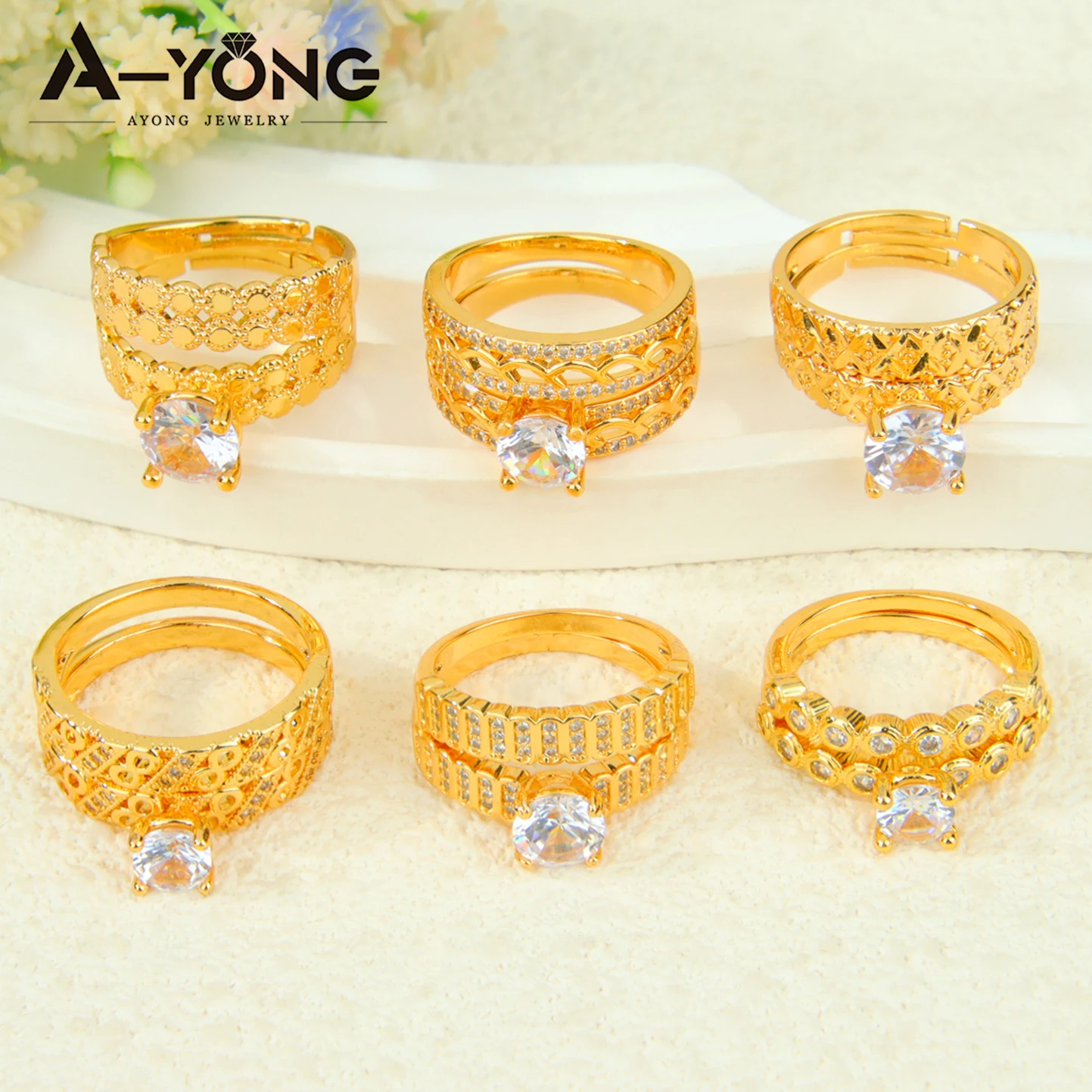 Dubai Fashion Cubic Zirconia Stackable Rings 21k Gold Plated Arabic Exquisite Engagement Couples Ring Italian Gold Jewelry