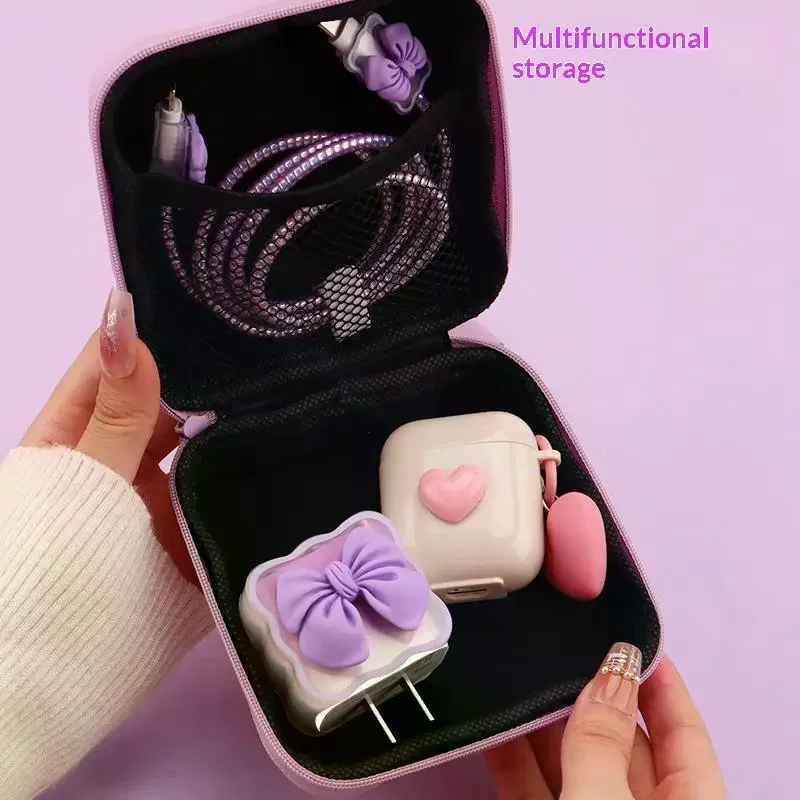 Charger Lid Storage Bag, Cute 3D Heart-shaped Wave Design Charger Protector Travel Storage Box