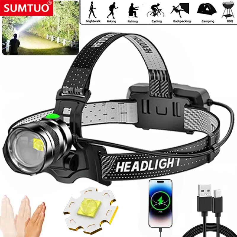 Fishing Lantern 500000000 Lumen Shot Long wick High Powerful Sensor Headlamp Head Torch Zoom XHP70 Headlight TYPE-C Rechargeable