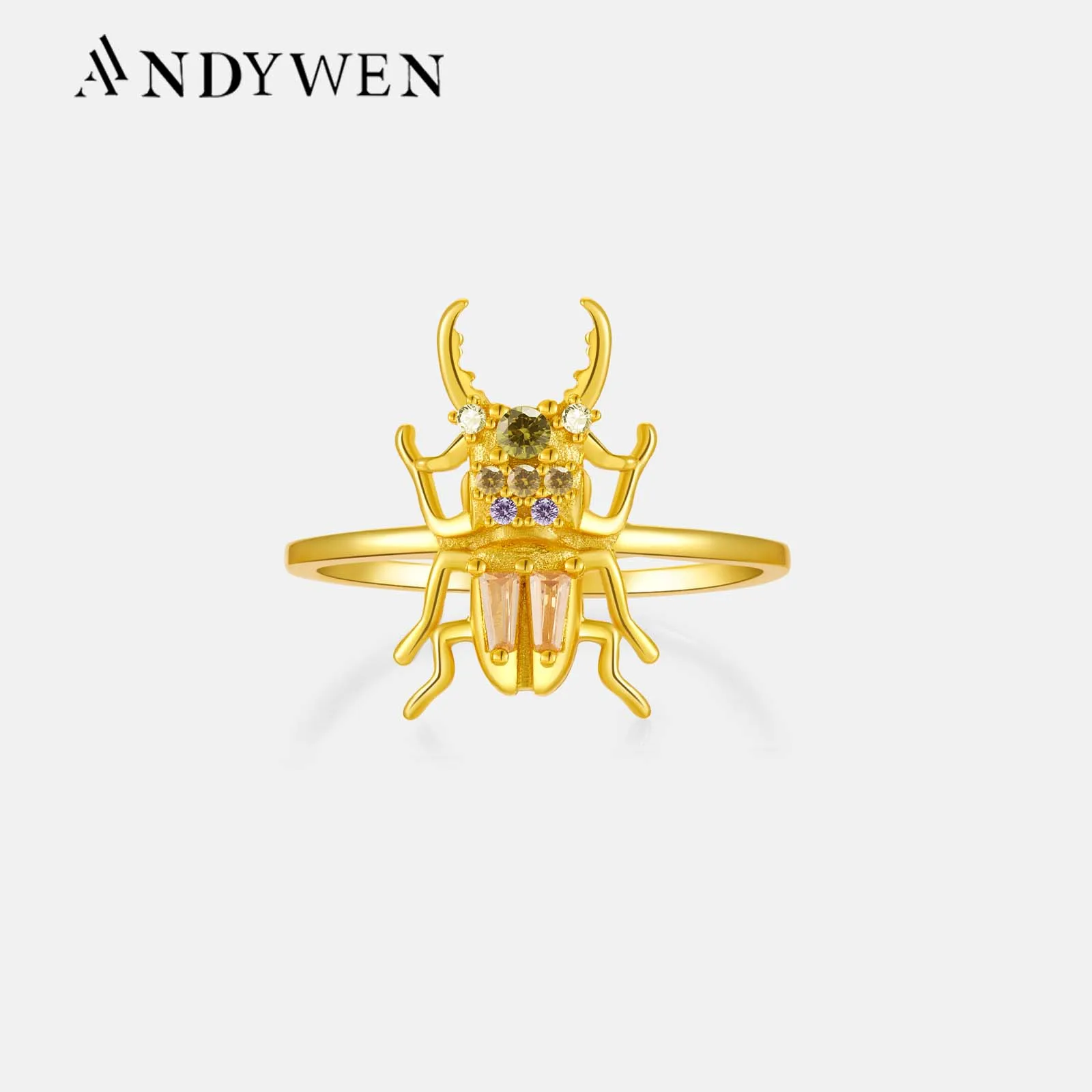 ANDYWEN 100% 925 Sterling Silver Gold New Courage Zircon Beetle Ring Fine Jewelry Luxury 2021 Luxury Rainbow Jewels Crystal