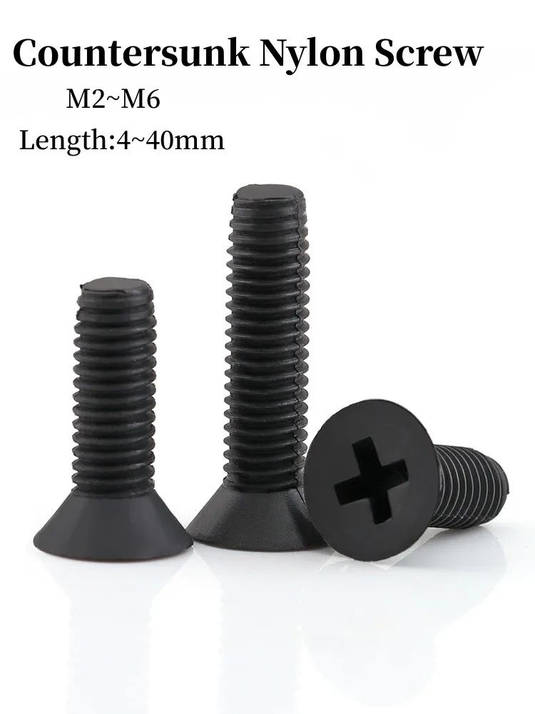 10-100pcs M2 M2.5 M3 M4 M5 M6 Black Nylon Countersunk Head Screws Plastic Phillips Flat Machine Screw Length 4-40mm