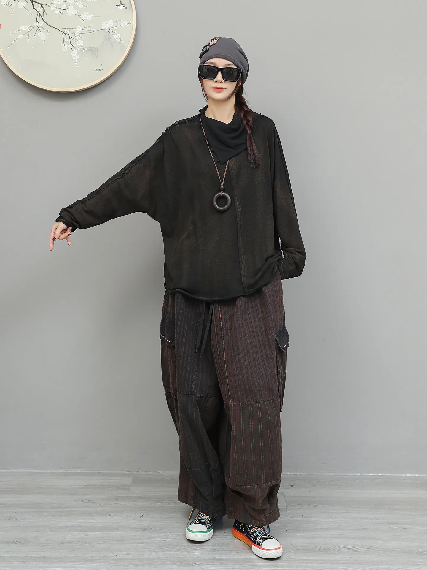 New Retro Distressed Bat Sleeve Pullover Top Straight Elastic Waist Trousers Two-piece Women's Spring Casual National Style Suit