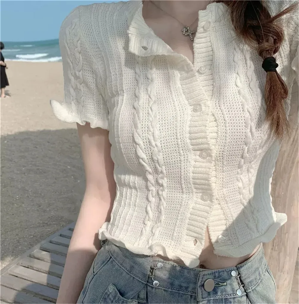 Korean Style Fashion White Cardigan Women Summer Ruffles Striped O-neck Sweet All-match Casual Students Stylish Cropped Tops