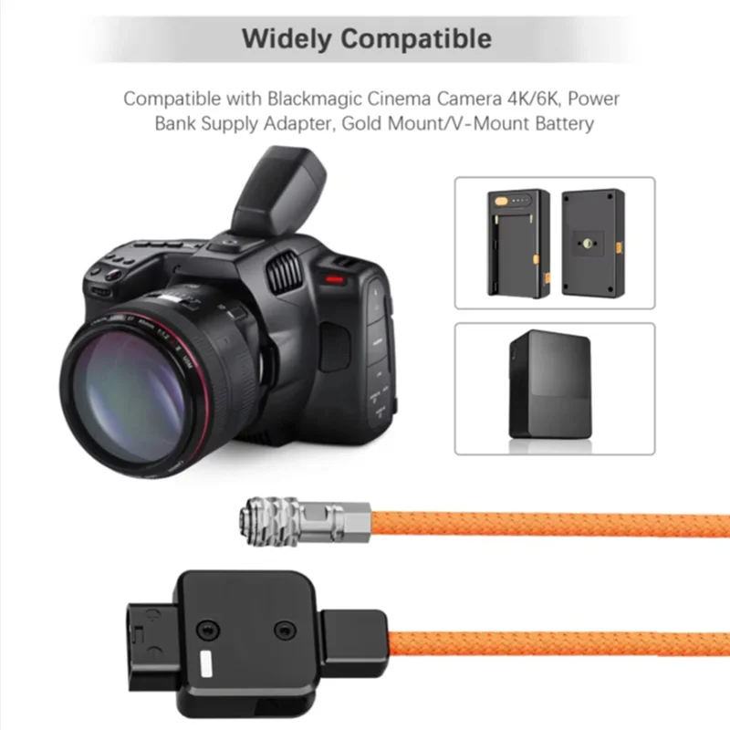 B04B-DT-BMD D-Tap To 2-Pin BMPCC 60Cm Power Cable Braided 180° Rotatable Wire For Blackmagic Pocket Cinema Camera 4K 6K