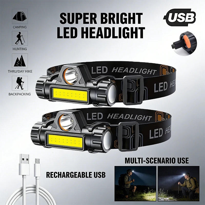 1-5PCS Rechargeable COB LED Headlamp Strong Magnetic Powerful Headlight Super Bright Waterproof Head Torch For Outdoor Fishing