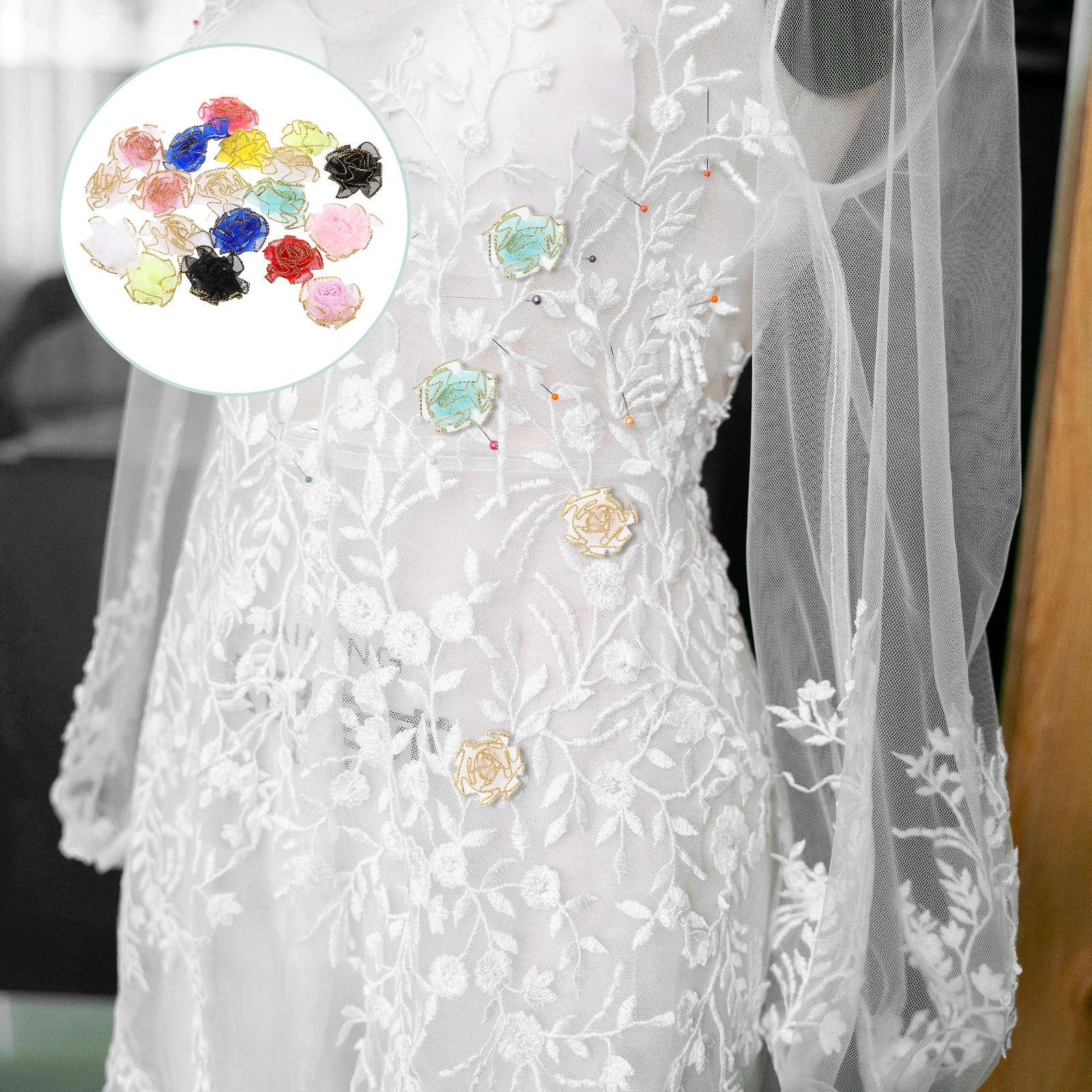 150 قطعة من رؤوس قرنفل الزهور المزخرفة، زينة مطرزة بالزهور الاصطناعية، زخرفة محاكاة شبكية وهمية