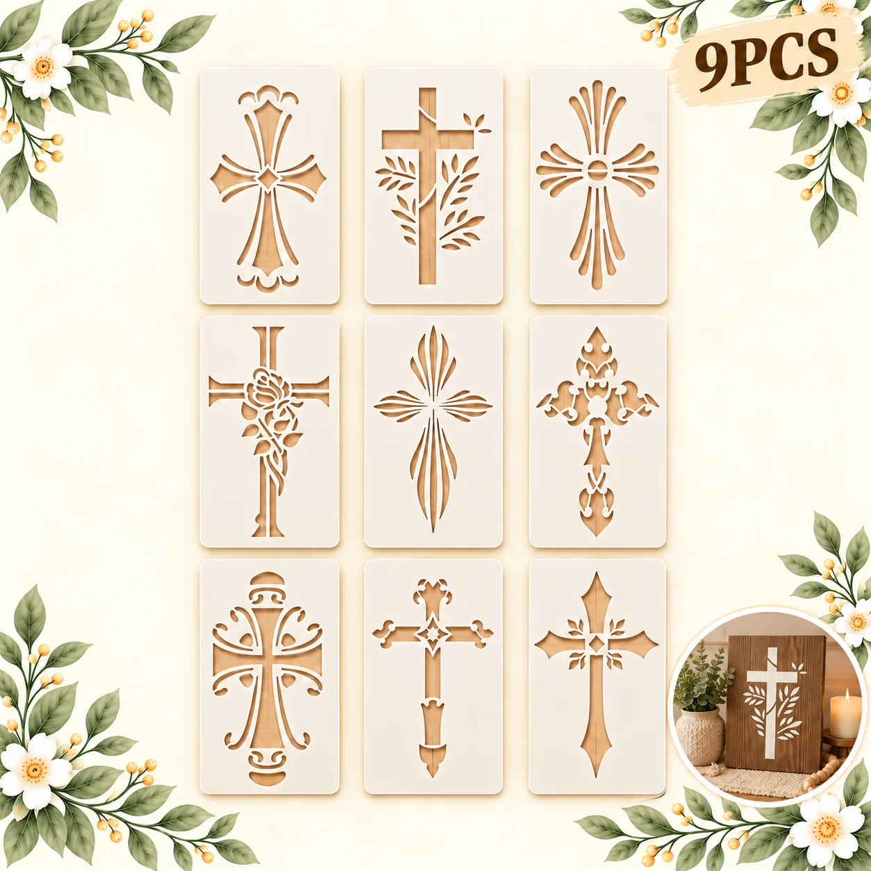 9PCS Cross Stencils Reusable Christian Painting Templates for Wood Wall Fabric Furniture Canvas DIY Crafts Religious Home Decor