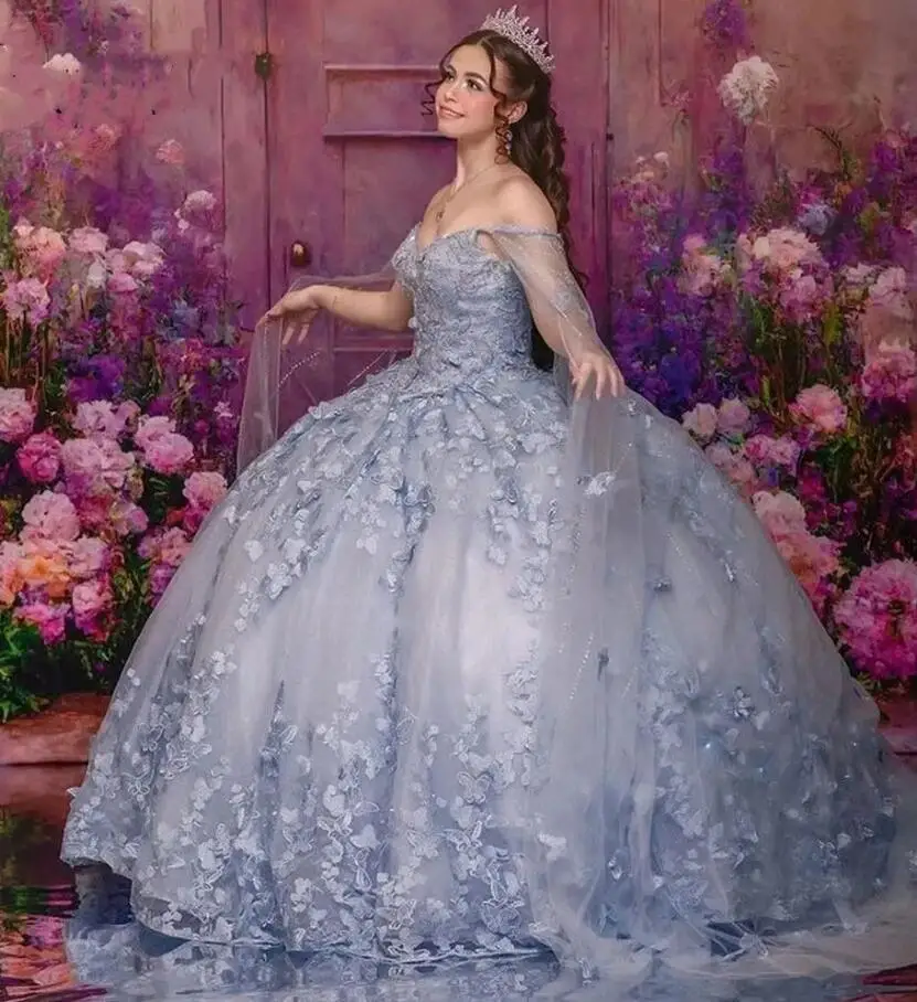 

Небесно-голубые платья Quinceanera со съемной накидкой с открытыми плечами и кристаллами, милое платье принцессы 15, 16, платья для выпускного вечера