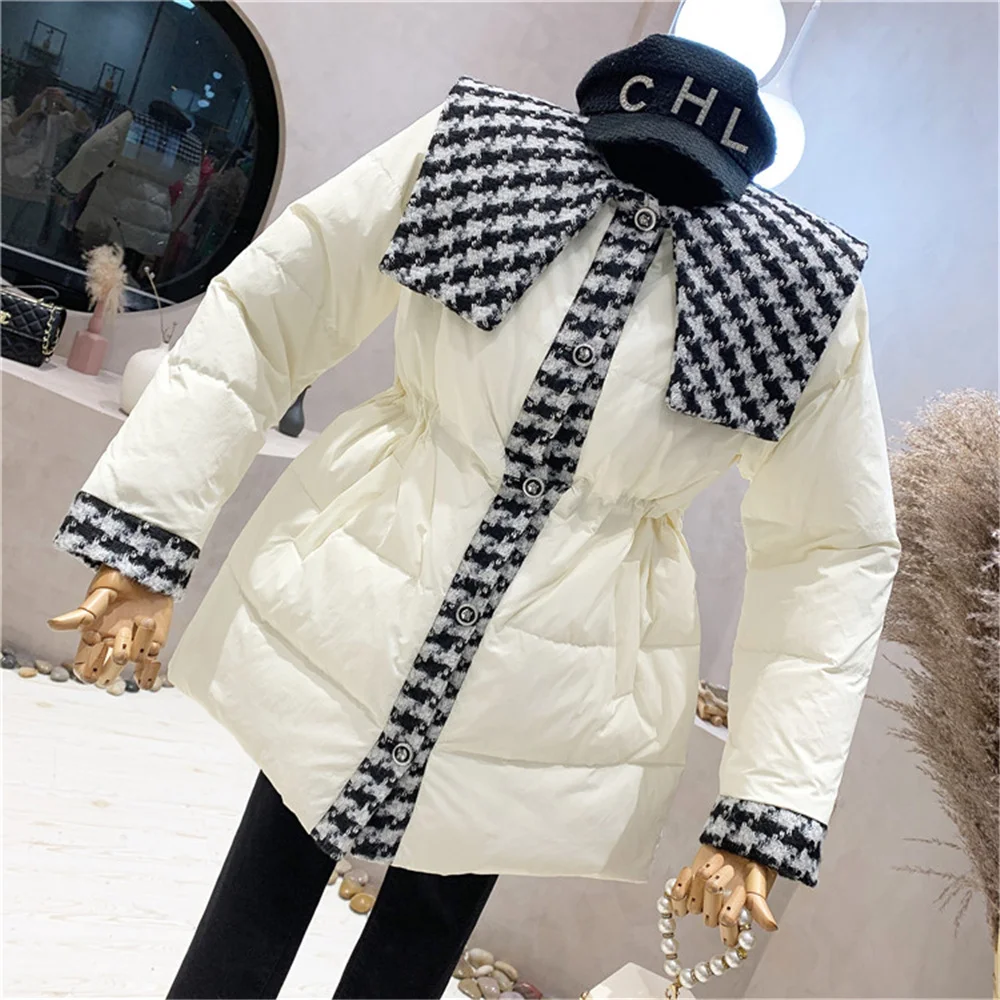 2025 inverno feminino pato branco para baixo jaqueta de inverno novo coreano costura temperamento para baixo jaqueta feminina engrossar casaco puffer