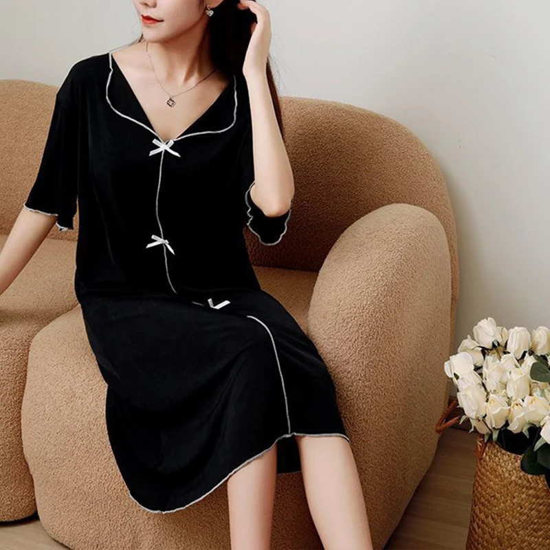 Ice Silk Nightgown Homewear Women Loose Short-Sleeved Nightgown Cardigan Leisure Long Skirt Half-Sleeved Sexy Ice Silk Korean Ve