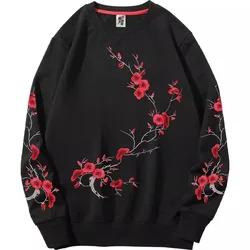 Plum Blossom Floral Embroidery Men Crew Neck Long Sleeve Sweatshirt Oriental Style Casual Pulllovers