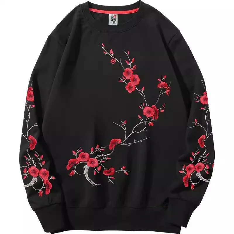 Śliwkowy kwiatowy haft męski Crew Neck Bluza z długim rękawem Orientalny styl Casual Pulllovers