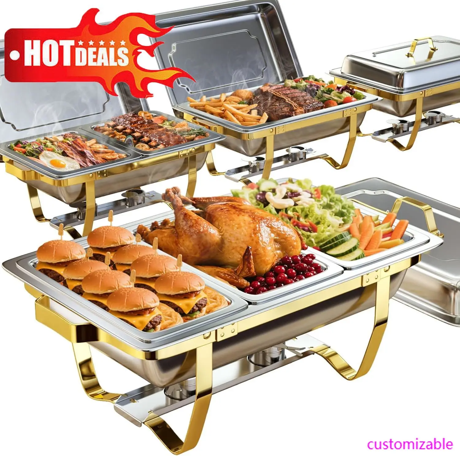 

Chafing Dishes for Buffet 4 Pack 7pan, 9QT [Elegant Gold and Silver Colors] Stainless Steel Chafing Dish Buffet Set [Sturdy