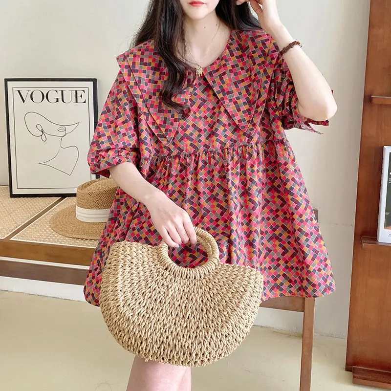 Korean Double-Layer Collar Blouse Summer Sweet Loose Fashion Patchwork Women's Clothing Casual Contrasting Colors Plaid Shirt