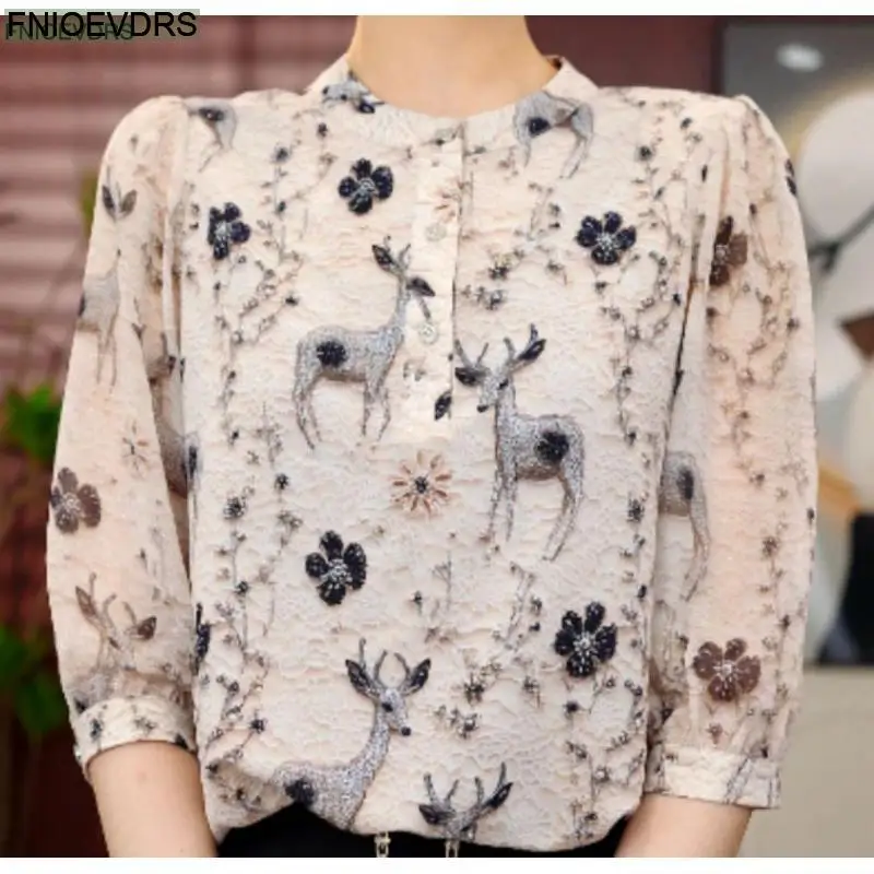 

European Style Women 2025 Summer Shirts Fashion Office Lady Basics Stand Collar Print Retro Vintage Lady Elegant Chiffon Blouses