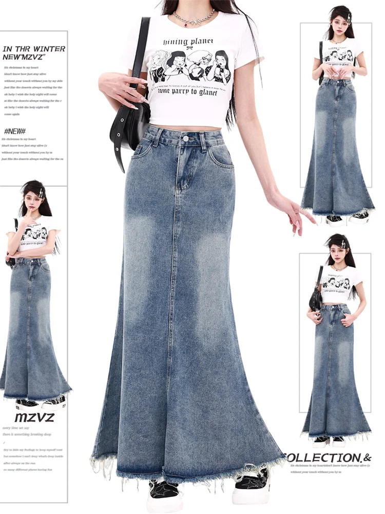 

Women A-line Long Denim Skirt Vintage Y2k Jean Skirt Harajuku Korean Streetwear Trumpet Cowboy Skirts 2000s Goth Clothes Summer