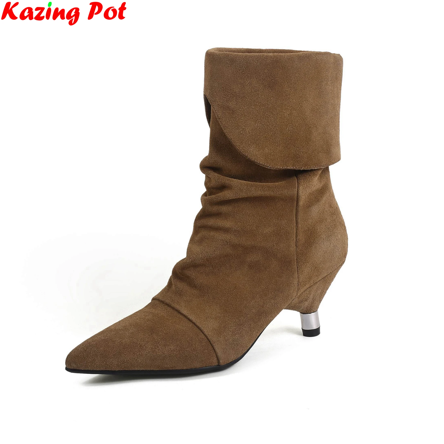 

Krazing Pot Trend Kid Suede Pointed Toe High Heels Modern Boots Catwalk Warm Winter Autumn Shoe Dating Pleated Dress Ankle Boots