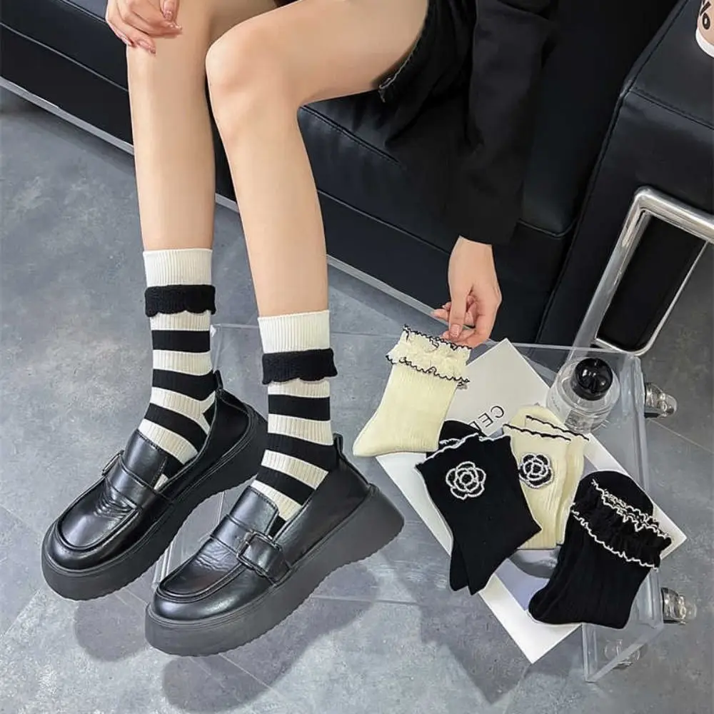 Soft Breathable Frilly Cute Sweet Trendy Flower Korean Style Socks Middle Tube Women Camellia Socks Cotton Hosiery