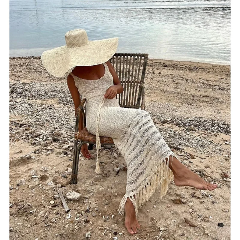 

2024 Bikinis Cover-ups Knitted Sexy See Through Mesh Beach Cover Up Maxi Solid Bodycon Summer Dress Tassel Hollow out Beachwear