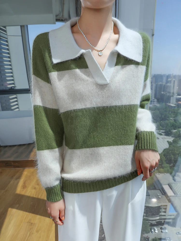 TLOML 신상 여성용 100% 밍크 캐시미어 스웨터 턴다운 칼라 스트라이프 풀오버 캐주얼 가을 겨울 부드럽고 따뜻한 밍크 캐시미어 탑