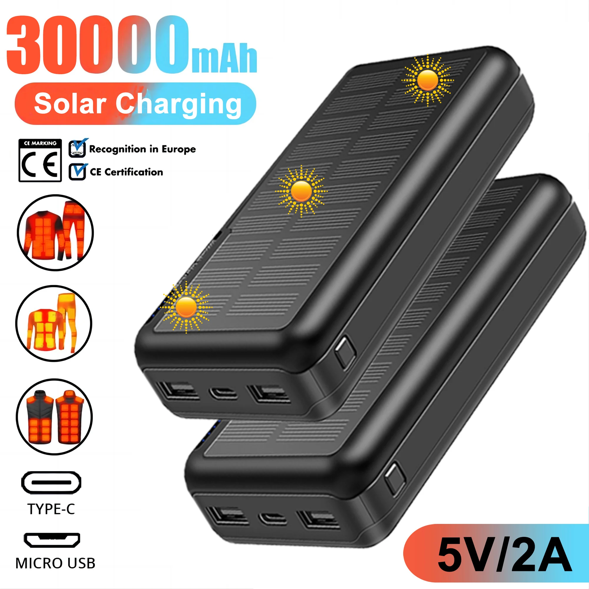 

30000mAh Solar power Battery 5V2A Power Bank Portable Charger External Battery Pack for Heating Vest Jacket Scarf Gloves Battery