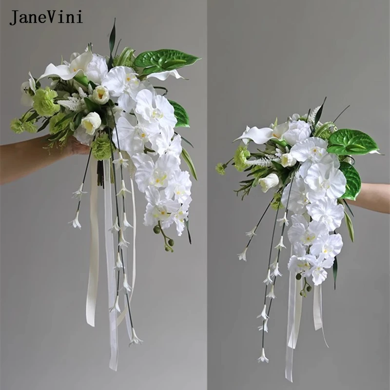 

JaneVini 2024 Luxury Green White Silk Flowers Beach Waterfall Wedding Bouquets Artificial Moth Orchid Cascading Bridal Bouquet