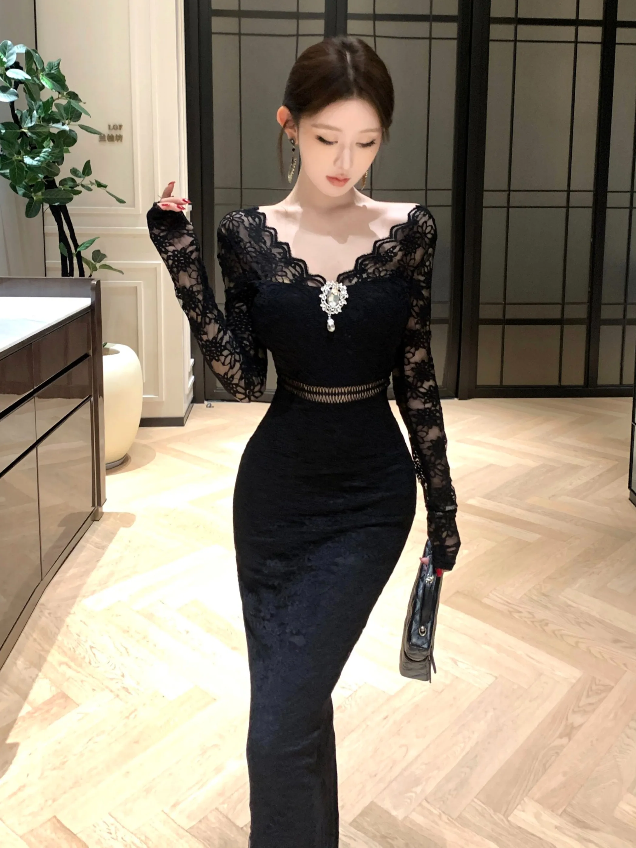 

Ele Lace Splice Bal V-Ne Long Dr Women's Sexy Personali Lady Fit Body Skirt High Waist Breathable Skin-Friendly