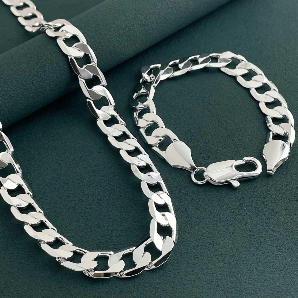 925 Sterling Silver 12mm Side Chain Bracelet 20cm Necklace Jewelry Set, Suitable For Men'S Daily Wear
