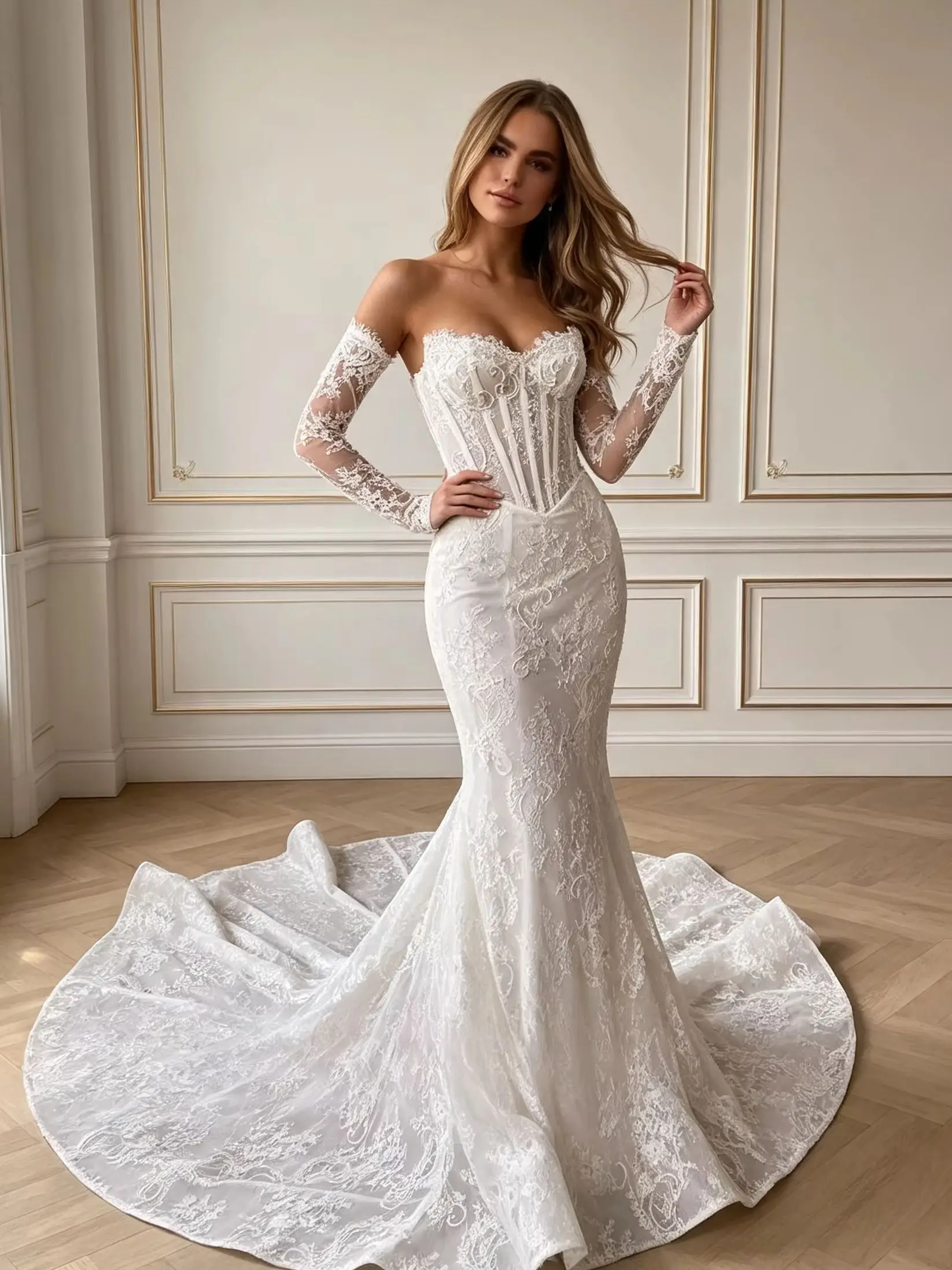 Customized Exquisite Lace Beaded Mermaid Wedding dresses Fashion Removable Train Bridal gown Elegant Sweetheart neck Bride Gowns