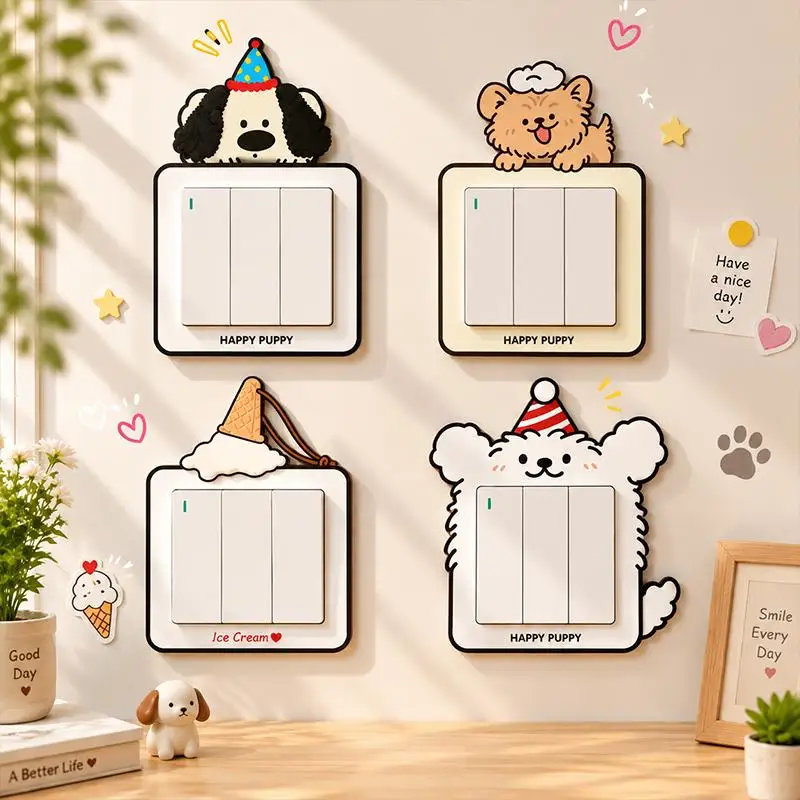 Cute Cartoon Puppy Light Switch Cover Self Adhesive Back Perfect For Bedroom Living Room Wall Decoration