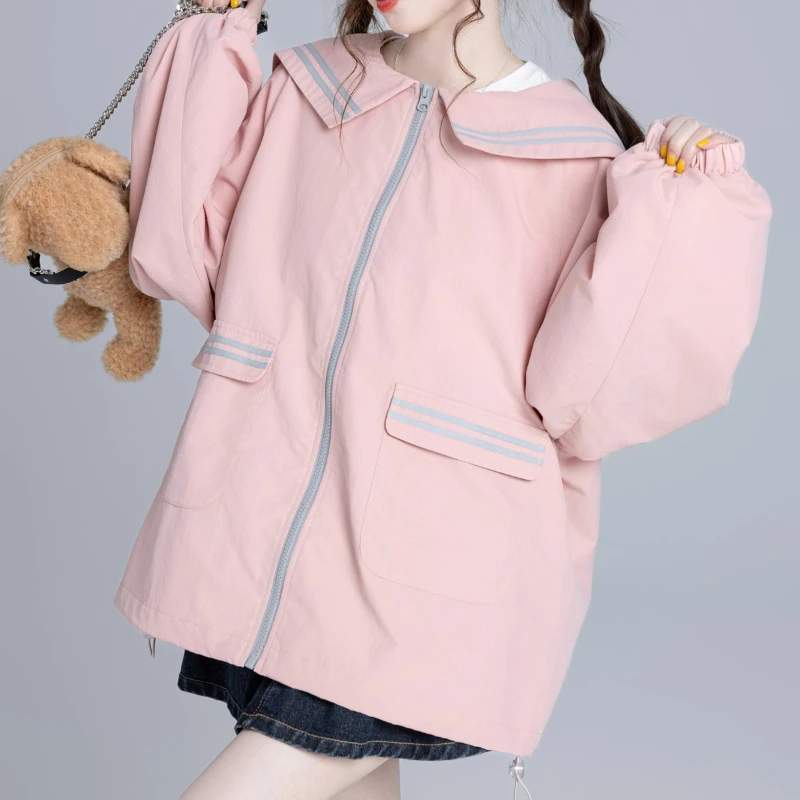 2024 New Japanese JK Uniform College Wind Autumn Winter Sweet Sailor Collar Pink and White Color Pocket Zipper Jacket For Women