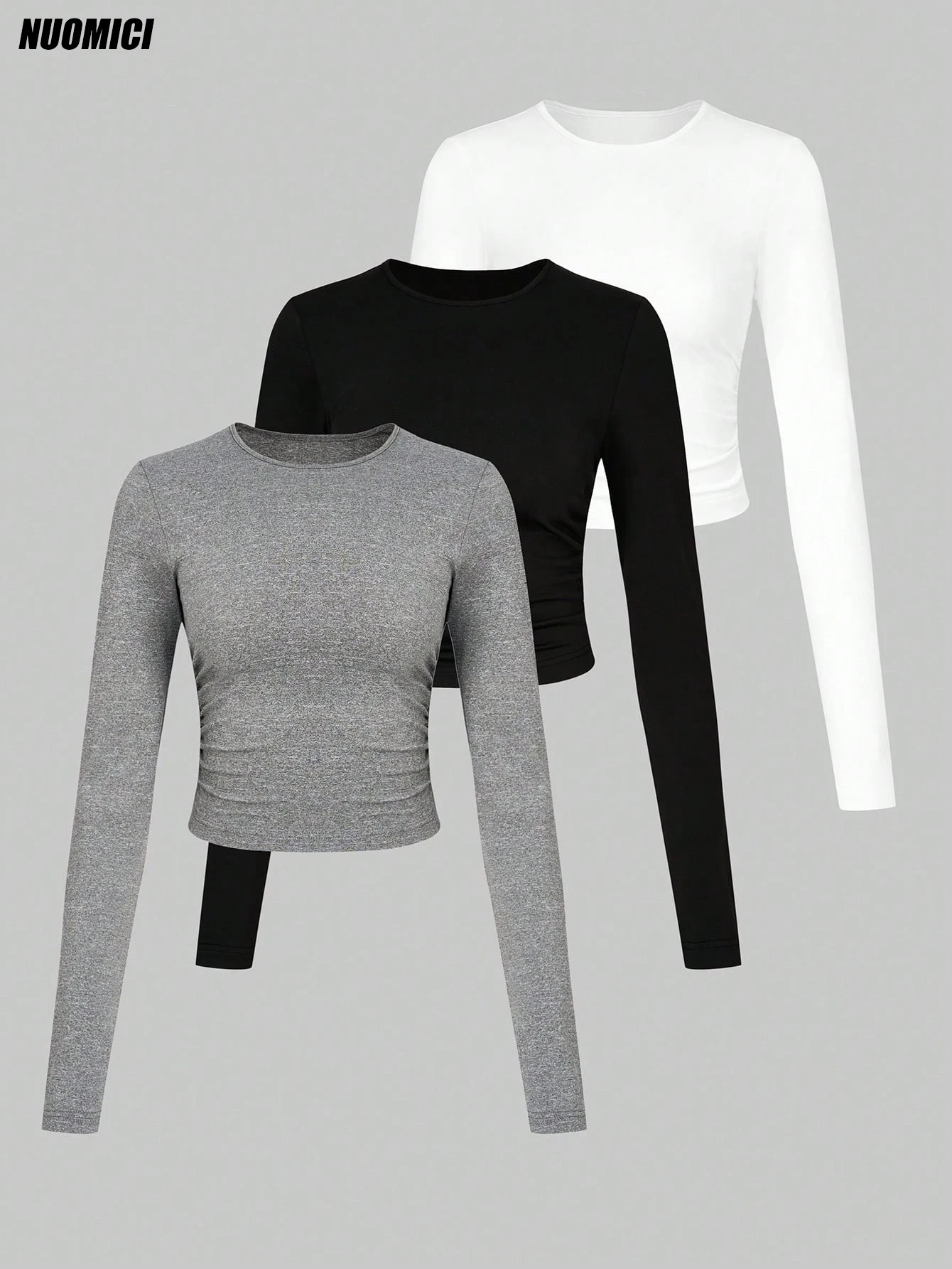 

NUOMICI Simple White/Gray/Black Long Sleeve T-shirt Women Round Neck Slim Fit Autumn Inner Top Basic Women Clothing 3-Piece Set