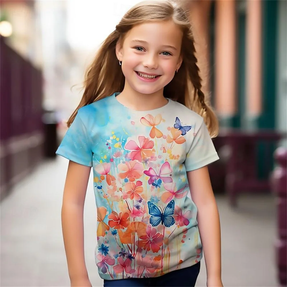 Vlinder Babymeisje T-shirt Zomer Casual Korte Mouw Bloem 3D Gedrukt Leuk Meisjes T-shirt Kinderkleding