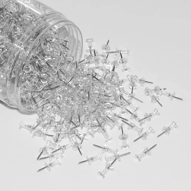 Push Pins Tacks 1000 Count In Reusable Box, Standard Clear Thumb Tacks Steel Point And Clear Plastic Head
