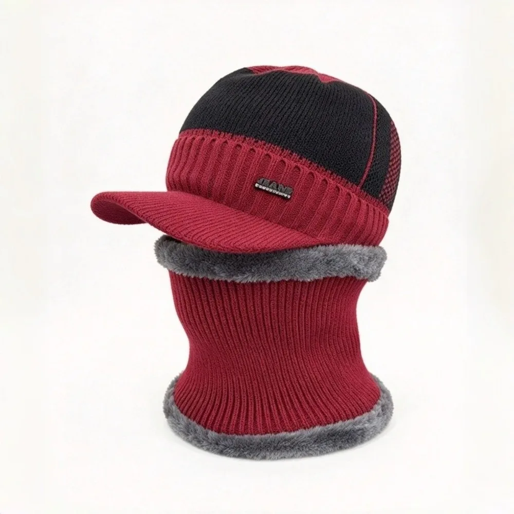 2Pcs/Set Fashion Warm Knitted Beanie Hat Fur Lined Thickened Winter Hats Suit Windproof Soft Scarf Caps Outdoor