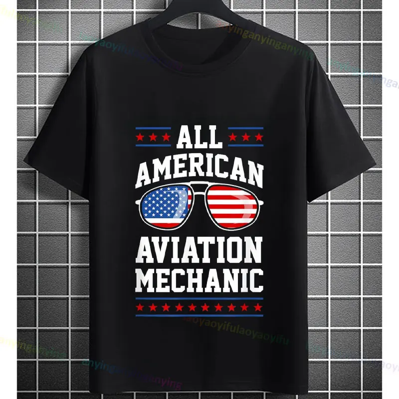 Funny All American Aircraft Mechanic Graphic T-Shirt Pure Cotton Short Sleeve Casual Streetwear Tshirt for Aviation Enthusiasts