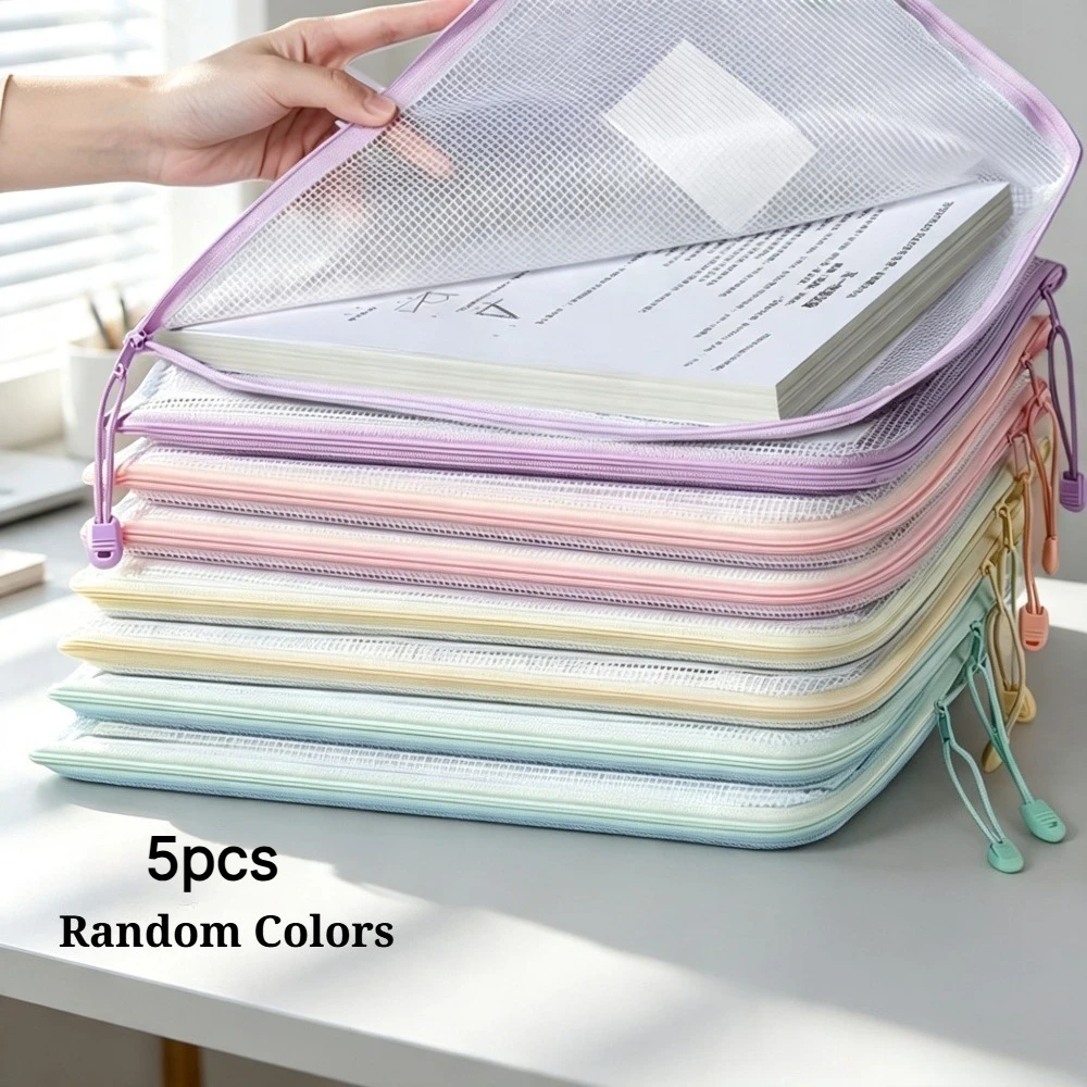 5pcs A4 L-Shaped Clear Mesh Zipper Document Pouches with Label Pocket, Wide Opening Large Capacity File Storage Bags,Mesh Folder
