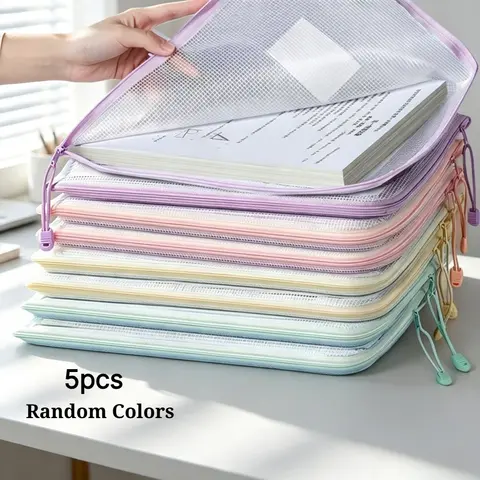 5pcs A4 L-Shaped Clear Mesh Zipper Document Pouches with Label Pocket, Wide Opening Large Capacity File Storage Bags,Mesh Folder