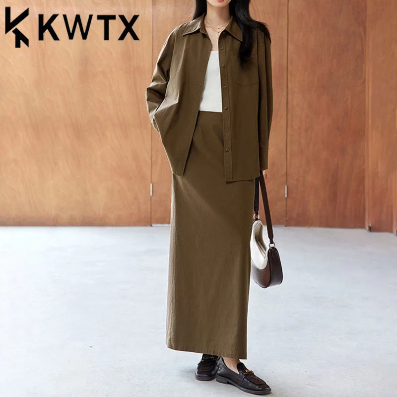 

KWTX 2025 New Women's Solid Color 2 Piece Set Lapel Collar Shirt Skirt Casual Elegant High Quality Spring Summer Fashion